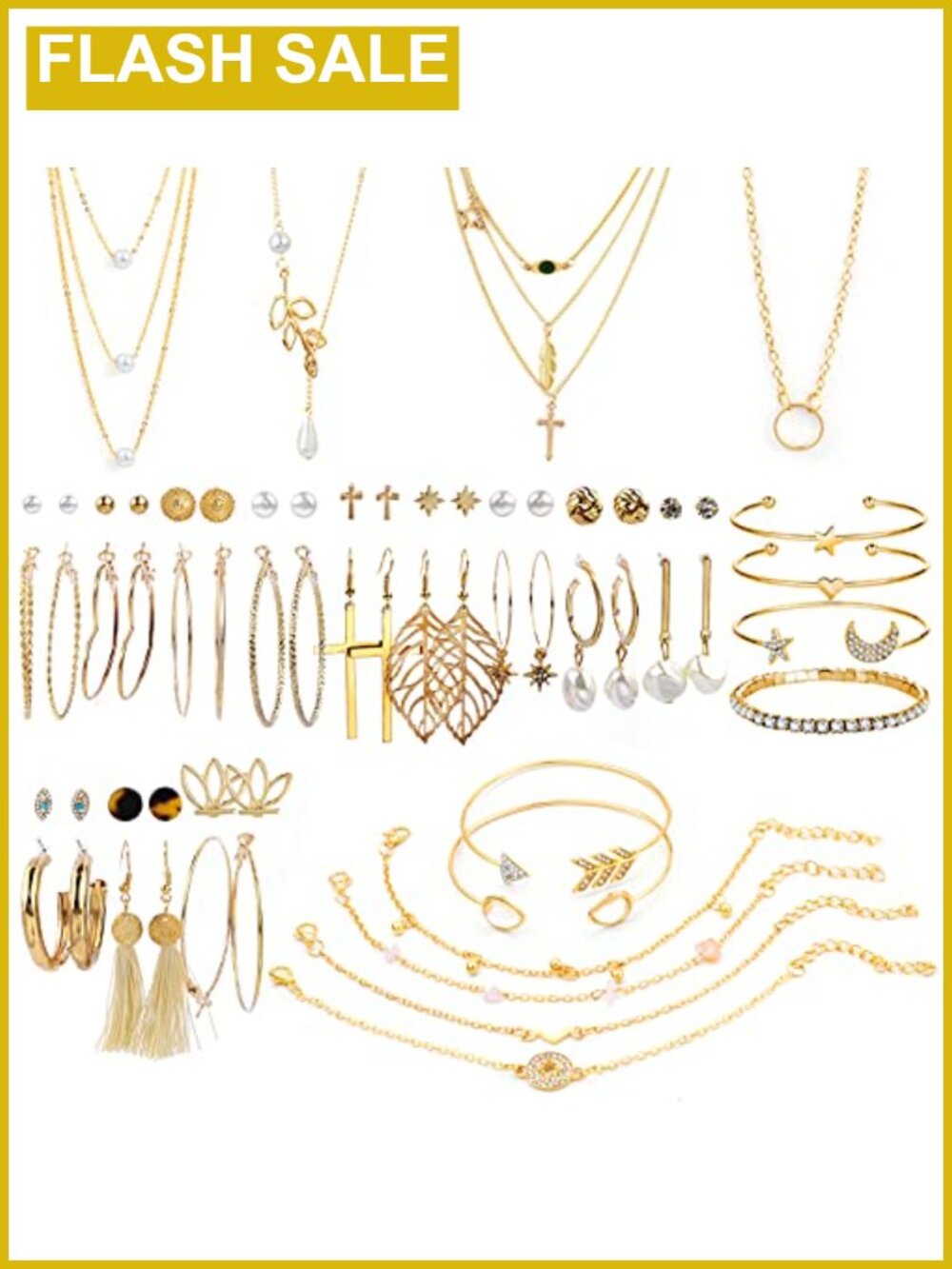 38-52PC Alloy Jewelry Set Necklace Bracelet Layered Ball Dangle Hoop Stud